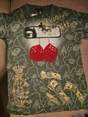 Christian Audigier Olive Graphic Tee with Red Dice and Gold Accents